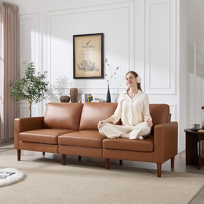 Kingfun 91.7 Faux Leather Sofa 3 Seater Couch Mid Century Modern Couches with Solid Wood Legs for Living Room &amp Bedroom Coffee