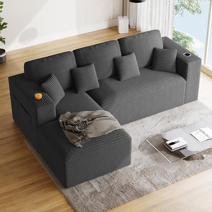 110 Modular Sectional Sofa Cloud Couch Modern Deep Seat Fluffy Corduroy Boneless Couch with Cup Holder Comfy L Shaped Sectional Couches for Living Room Bedroom. (Left Facing Dark Grey)