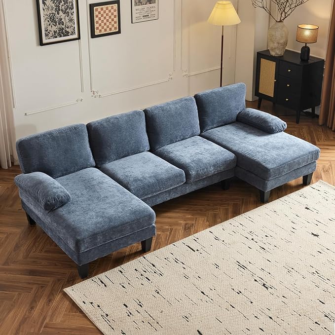VINGLI 110 Sectional Couches for Living RoomU Shaped Couch with Double Chaise 4-Seat Sofa Set with Corduroy Fabric for Home FurnitureOcean Blue