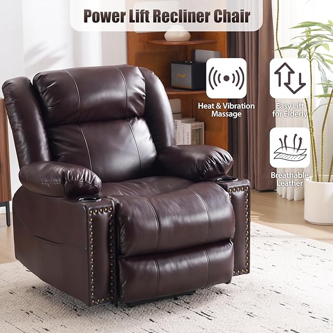 Power Lift Recliner Chair for Elderly Oversized Leather Lift Chair with Heat and Massage Dual Motor Zero Gravity Power Recliner Chair with Adjustable Headrest Cup Holder &amp USB Port