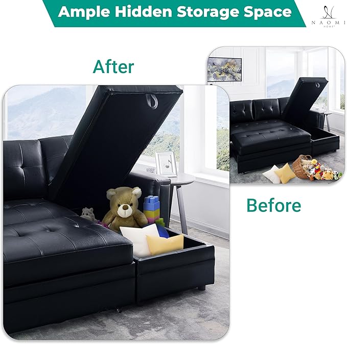 Naomi Home Lily Sectional Sleeper Sofa with USB Ports-L-Shaped Couch Convertible Pull-Out Bed Ample StorageTimeless DesignSturdy ConstructionLong-Lasting for Modern Living - Black Air Leather