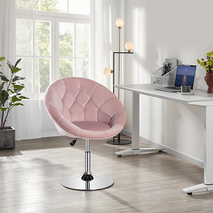 Yaheetech Adjustable Vanity Chair with Round Tufted Back Swivel Velvet Salon Chair for Bedroom Living Room Office Pink
