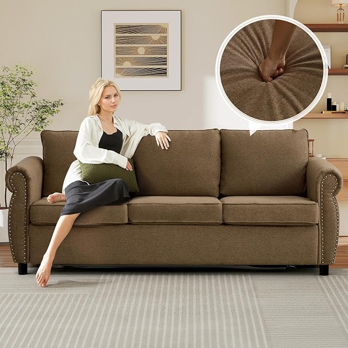 Queen Pull Out Sofa Bed 2-In-1 Pull Out Couch Bed with Memory Foam Mattress &amp Riveted Rolled Armrests 3 Seater Convertible Sleeper Sofa Foldable Couch for Living Room Bedroom Apartment(Brown)