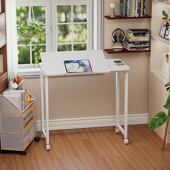 GreenForest Folding Desk with Adjustable Tiltable Desktop 0-90° 31.5 inch Small Drafting Table with Wheels Foldable Craft Table for Drawing Reading Writing Laptop Work White