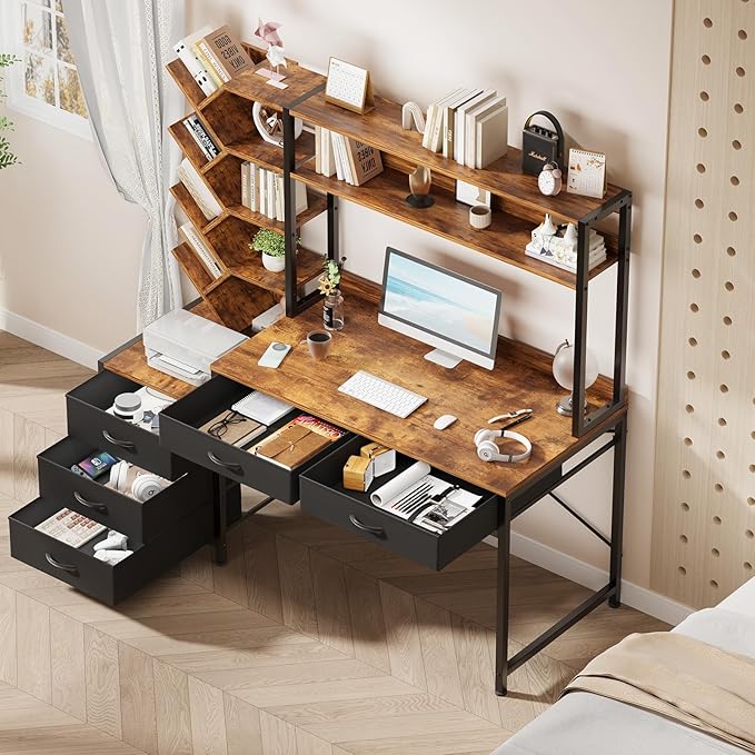 Reversible Computer Desk with Hutch Home Office Desk with 5 Drawers and Bookshelf 52'' Study Writing Desk with Storage Shelves for Bedroom Home Office Rustic Brown