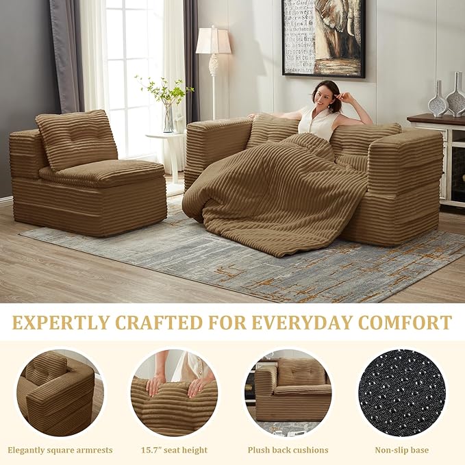 Convertible Sectional Folding Sofa Bed 80 Futon Floor Couch with Accent Chaise Modular Sleeper Loveseat Boneless Cloud Corduroy Couches for Living Room Guest Room No Assembly Required Camel