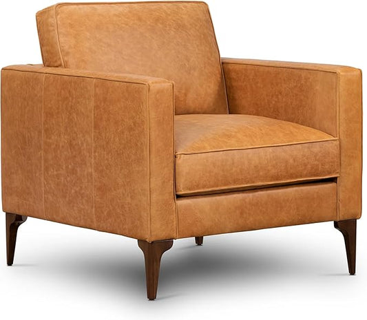 Poly &amp BARK Mateo Leather Lounge Chair – Cognac Tan Full-Grain Leather Upholstery – Modern Upholstered Accent Chair for Living Room or Bedroom – Indoor Lounge Seating with Timeless Comfort