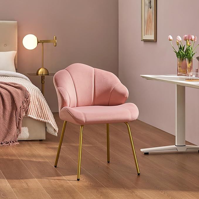 Yaheetech Vanity Chair Velvet Accent Chair with Shell-Shaped Backrest Modern Armchair with Gold Metal Legs for Dressing Room/Bedroom/Living Room Pink