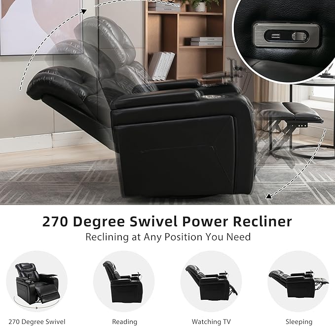PU Leather Power Swivel Rocker Recliner Chair 270 Degree Premium Nursery Glider Recliner with Arm Storage Tray Table Phone &amp Cup Holder USB Port for Living Room Home Theater