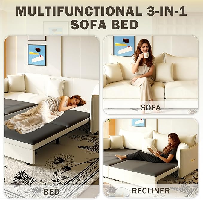81.9 Sleeper Sofa Bed King Size 3-in-1 Convertible Couch Modern Pull Out Couches Comfy Velvet Futon Sofa Cloud Loveseat Lounge 3 Pillows for Small Spaces Living Room Gold Beige