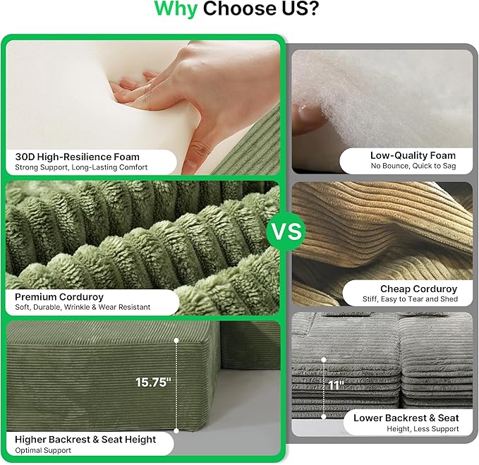 106 Cloud Sectional Couch with L-Shaped Chaise Modular Sectional Sofa with Deep Seat and Removable Armrests Comfy Corduroy Boneless Couches for Living Room No Assembly Required Green