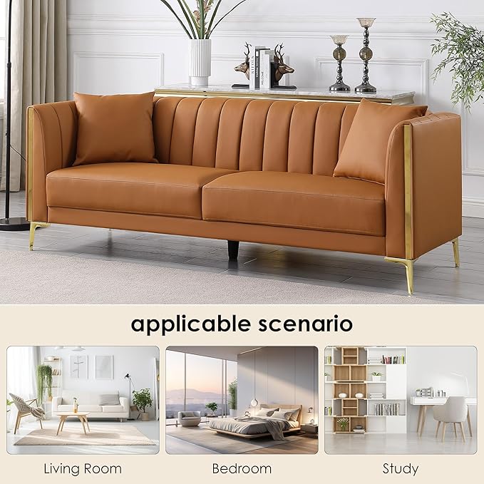 FOTOSOK Leather Couch Sofa Office Couches 78'' Apartment Faux Leather Sofa with 2 Throw Pillows &amp Gold Metal Legs Waterproof 3 Seater Couches for Small Living Room Affordable Luxury Design