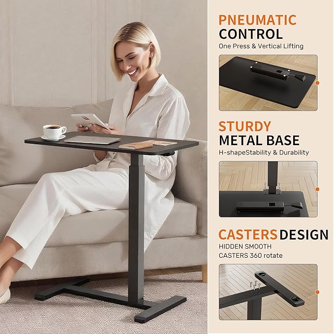 Mobile Standing Desk with WheelsPneumatic Laptop Desk Height AdjustableRolling Teacher Overbed Bedside Table for HomeOfficeClassroomBlack