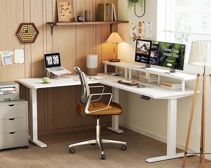 AODK Electric L-Shaped Standing Desk 59 Inch Height Adjustable Office Desk with Monitor Stand Sit-Stand Desk with Power Outlets Large Lift Table for Home Office Workstation White