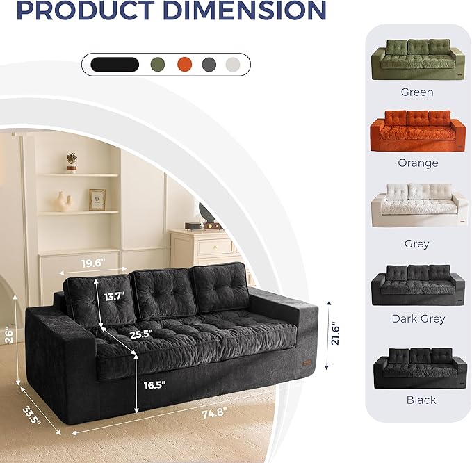 MAXYOYO Boneless Sofa Couch 75 Oversized Loveseat Sofa Tufted Floor Couch Bean Bag Chair for Living Room Bedroom Apartment Sofa in a Box No Assembly Needed Black