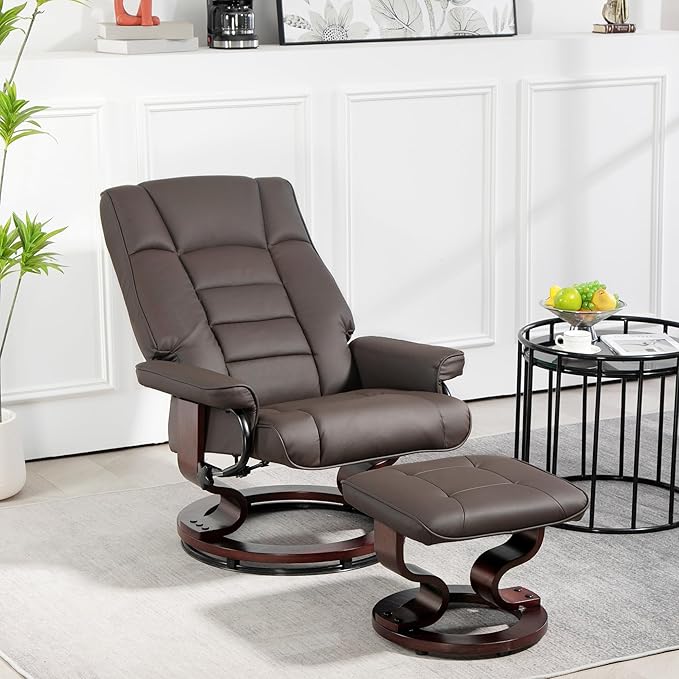 Recliner with Ottoman Swivel Recliner Chair and Ottoman Faux Leather Reclining Chair with High Back and Wood Frame for Living Room Bedroom Brown