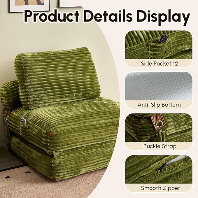Folding Sofa Bed Convertible Sleeper Chair with Pillow Foldable Mattress Lounge Chair for Living Room Bedroom Portable Guest Bed Green