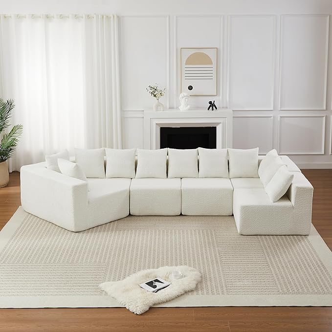 KEIKI 151.6 Extra Large L-Shaped Sofa Chenille Sectional Cloud Couch with 11 Pillows Curved Boneless Sofa for Living Room Guest Bedroom Beige