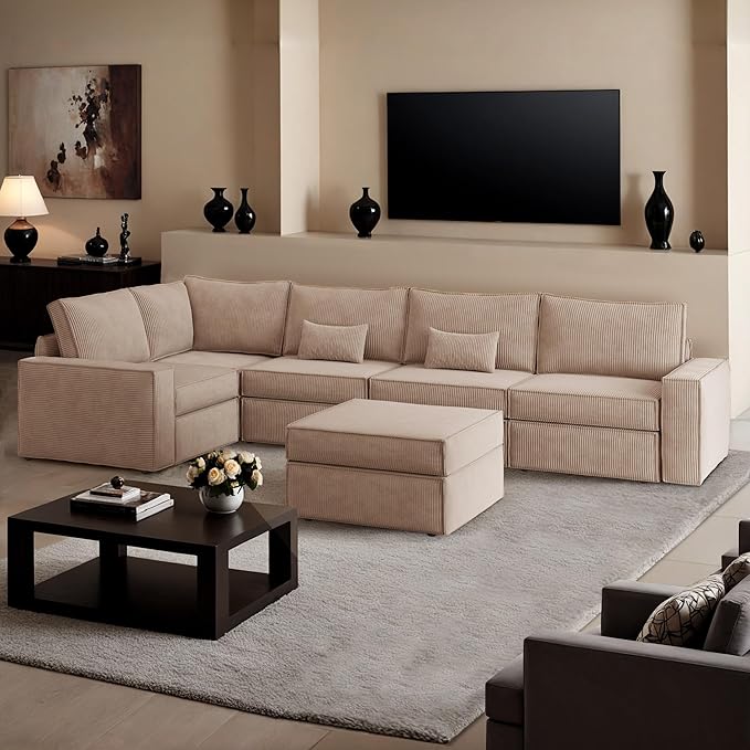 HOOOWOOO Modular Sectional Sofa CouchU L Shaped Free Combination Couch ChairsCorduroy Cloud Sofa with Ottoman Chaise 6 Pieces Set for Living Room(Beige Corduroy)