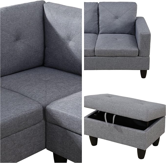 L-Shaped Sectional Sofa with Movable Chaise &amp Storage Ottoman Lounge 3-Piece Modular Convertible Couches for Living Room Apartment &amp Office Grey