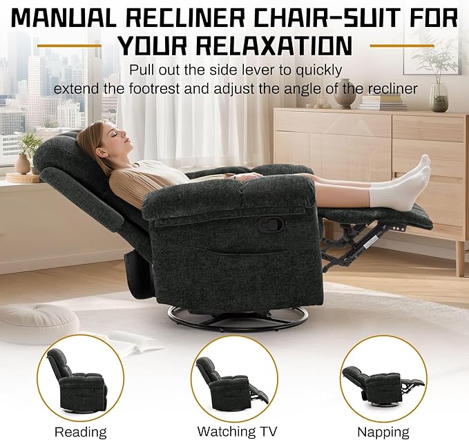 Recliner Chair Swivel Rocker Recliner Chair for Adults Small Recliners for Small Spaces Upholstered Manual Recliner with Side Pockets Nursery Rocking Chair for Living Room Chenille Black