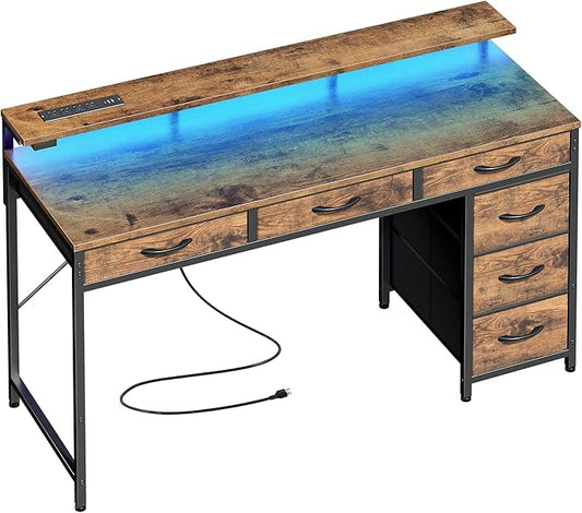 Huuger Gaming Desk with 6 Drawers Computer Desk with LED Lights Power Outlets and Type-C 47 Inch Office Desk with Storage Monitor Stand Writing Desk Work Desk for Home Office Study Rustic Brown