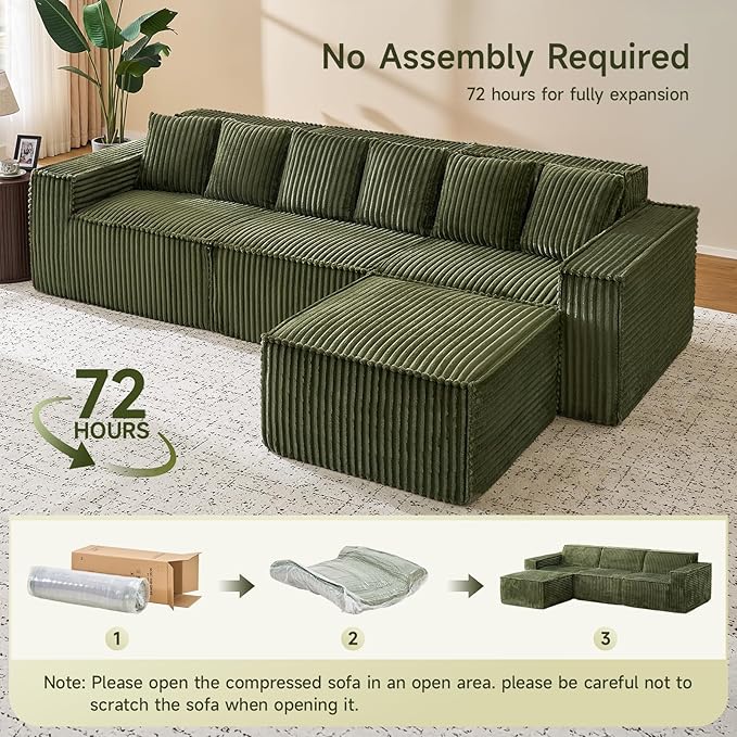 ONBRILL 112.6 Modular Sectional Sofa Comfy Corduroy Boneless Couch with Ottoman Memory Foam Modern Minimalist Cloud L Shaped Couch for Living Room No Assembly Required Green