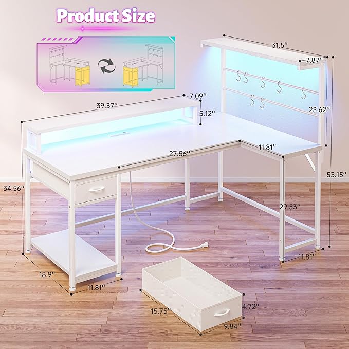 EnHomee 53 L Shaped Gaming Desk with Monitor with Hutch &amp Monitor Stand Office Desk with Drawers &ampHooks Computer Desk with LED Light &ampPower OutletHome Office Writing Desk White