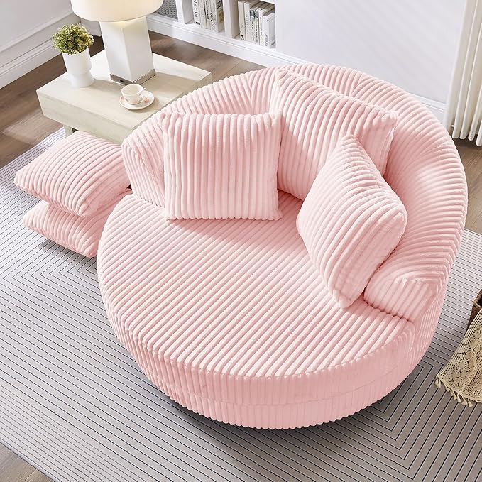 360° Swivel Accent Barrel Chair Corduroy Comfy Round Swivel Chair with Mental Base &amp Pillows Modern Lounge Reading Armchair Upholstered Plush Sofa Chairs for Living Room Bedroom Apartment(Pin