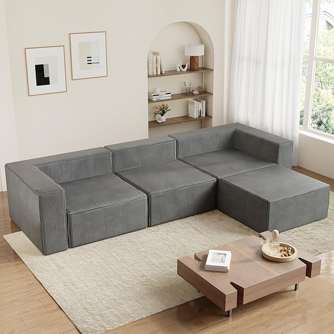 DONICK Premium Modern Modular Sectional Comfy Cloud Couch Corduroy Sofa with Deep Seat Upholstered Couches DIY Combination No Assembly Required for Living Room Bedroom Gray Ottoman