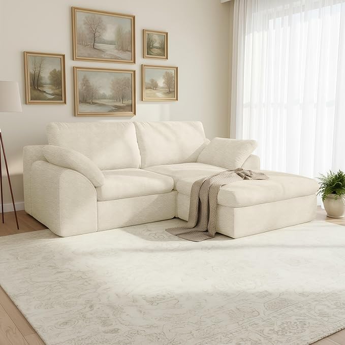 78.8 Cloud Sectional Couch Comfy 2 Seater Boneless Couch with Ottoman No Assembly Required Couches for Living Room Deep Seat Modular Sectional Sofa (Plush Cream White)