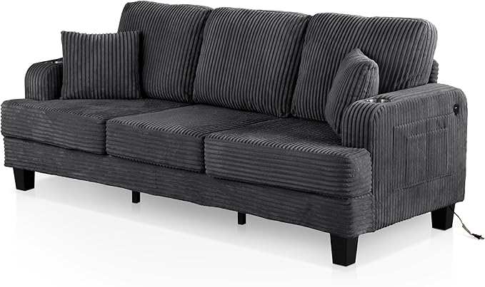 Homes: Inside + Out Reese Modern Plush Chenille Couch with Side Pockets Cup Holders and USB Ports Wooden Comfortable Sofa for Living Room Bedroom and Office Dark Grey