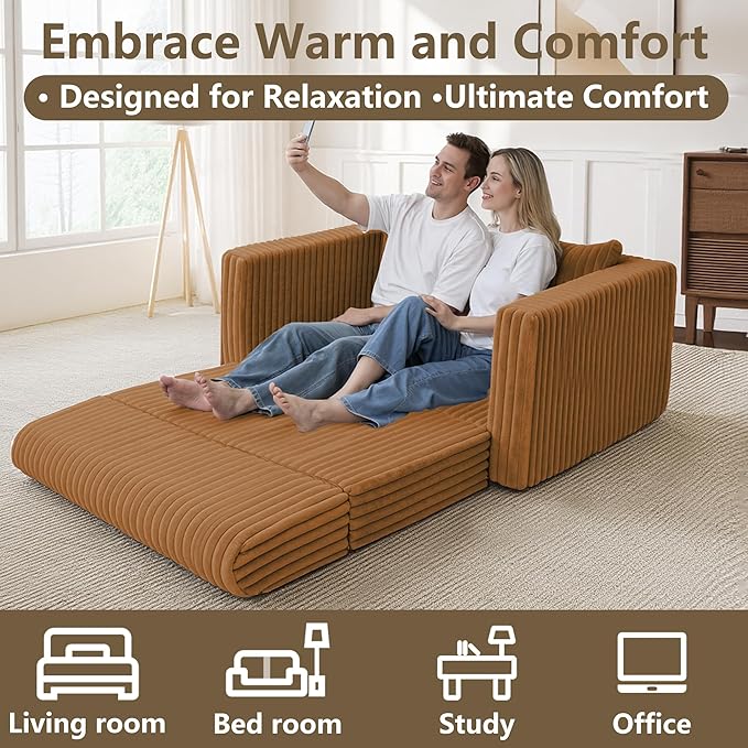 HABUTWAY Folding Sofa Bed 2 in 1 Convertible Sleeper Chair with Pillow Portable Fold Out Chair Bed with Armrest Comfy Floor Couch Lazy Sofa for Living Room Bedroom Dorm Home Office Orange