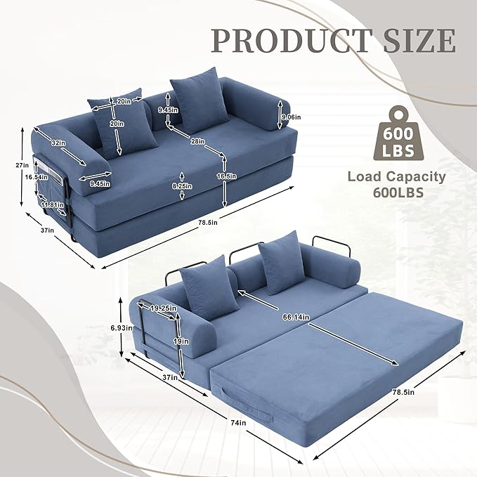 4‑in‑1 Convertible Sleeper Sofa Bed DIY Combination Floor Sofa Lounge Couch with Cylindrical Pillow Corduroy Futon Folding Mattress Couch for Apartment Bedroom Playroom Navy Blue