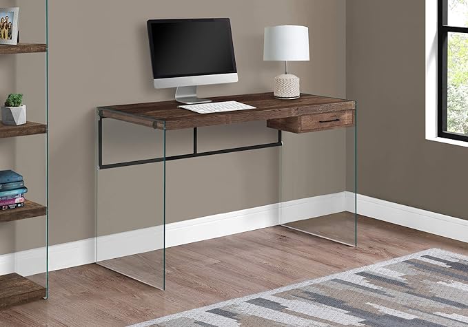 Penau Computer Desk Contemporary Brown Laminate with Clear Tempered Glass 48 Inch Long Compact Design for Home Office