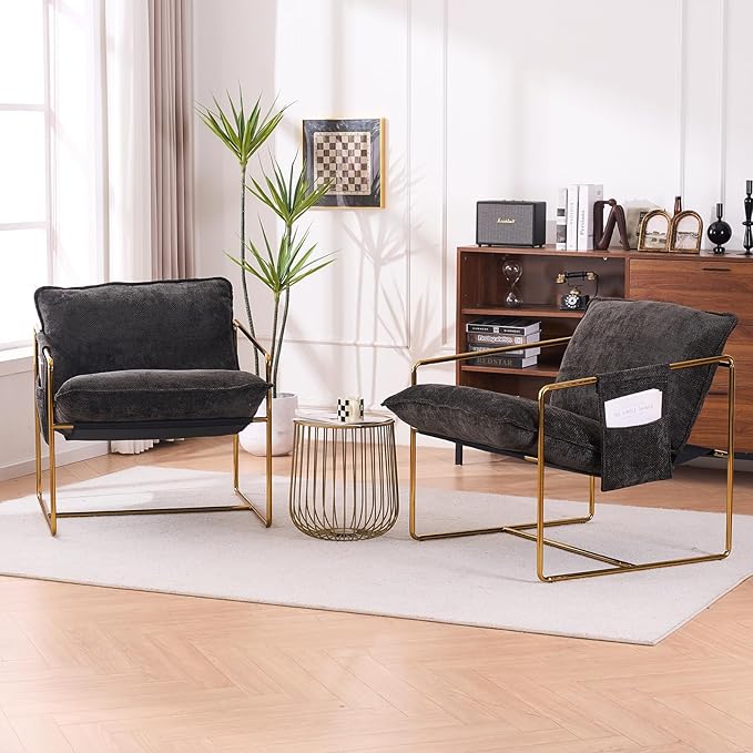 Modern Sling Accent Chairs Set of 2 Grey Chenille Fabric Living Room Chairs Set of 2 Reading Chair for Bedroom Corner Side Arm Chair Armchair Sillas para Sala Gold Metal Frame (Grey)