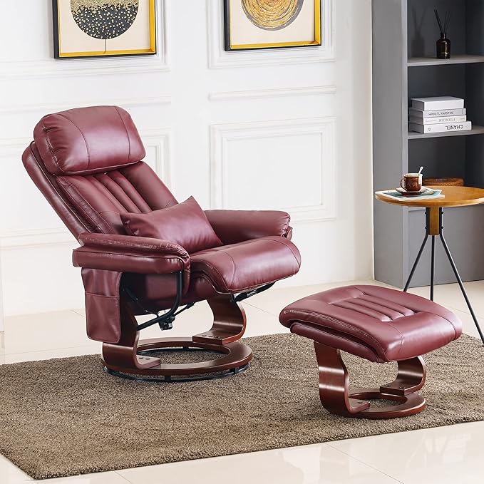MCombo Swivel Recliner with Ottoman Faux Leather TV Chair with Vibration Massage Ideal for RV Small Space Living Room &amp Bedroom 4999 (Faux Leather Burgundy)