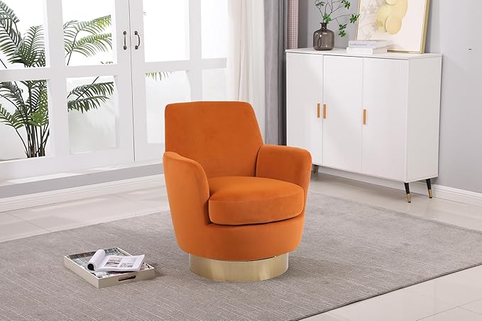 Swivel Accent Chair Modern Velvet American Design Swivel Round Barrel Chairs Upholstered Cozy Style for Living Room Bedroom Home Office (Velvet Orange 1 Pack)