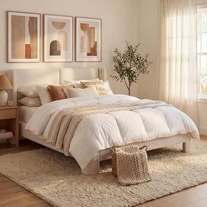 LIKIMIO Full Bed Frame with Headboard Upholstered Boucle Platform Bed with USB Ports Base Camas Full No Box Spring Needed Cream White
