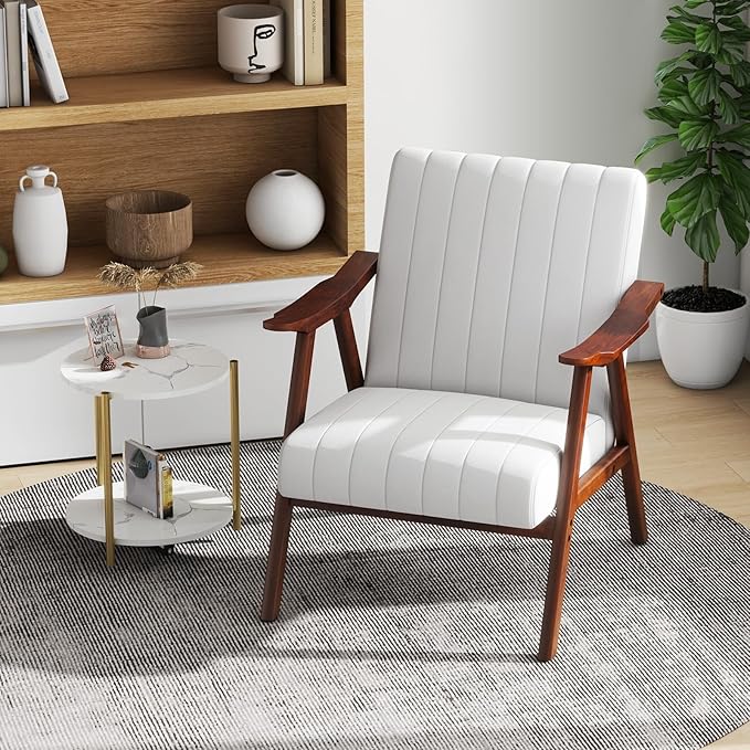 Giantex Mid-Century Modern Accent Chair Set of 2 Upholstered Comfy Living Room Chair with Arms Anti-Slip Felt Pads Wooden Frame Soft Padded Armchair for Living Room Bedroom Office Study Beige