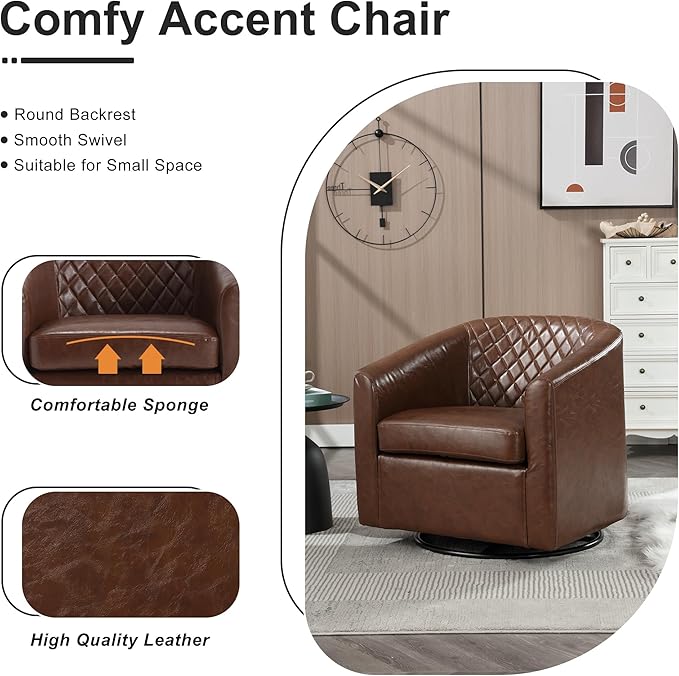 Swivel Gilder - Modern Round Armchair 360 Swivel Leather Barrel Club Chair for Living Room Bedroom Office (Brown)