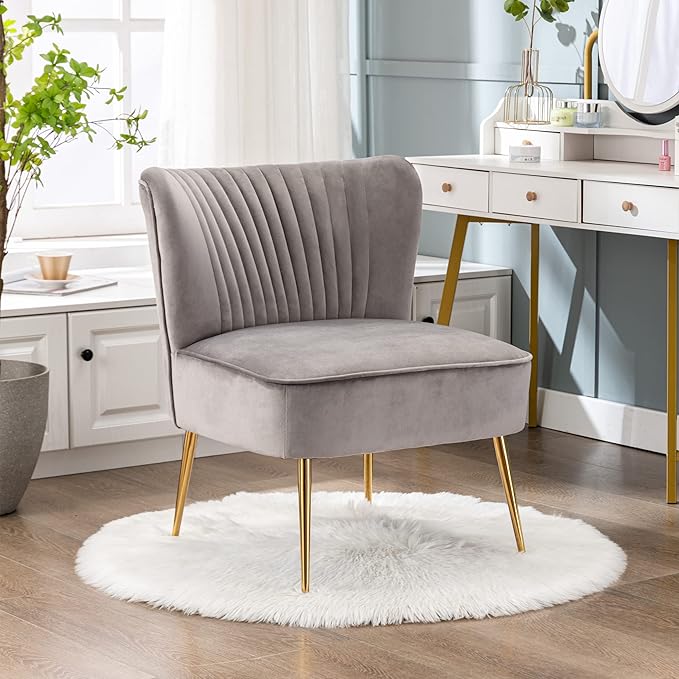 WO Home Furniture 25 Wide Tufted Velvet Accent Chair with Rust Resistant Golden Metal Legs Premium Quality Rust Resistant Seat for Your Den Living Room Bedroom Inside Area (Gray)