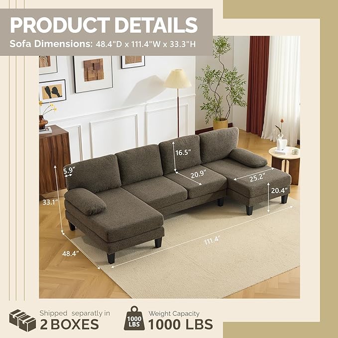 VINGLI 110' U-Shaped Sectional Couch with Two Chaise Affordable Small Sofa with 4 Seats Chenille Fabric Comfy Couches for Living Room Dark Brown