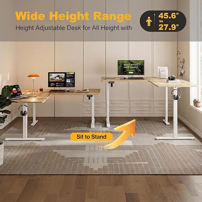 Grandder 63 x 55 Inch L Shaped Standing Desk Electric Height Adjustable Corner Stand Up Desk Sit Stand Corner Table Home Office Table Oak Top White Frame
