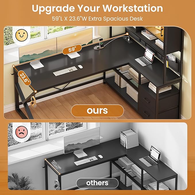 SEDETA L Shaped Gaming Desk Home Office Computer Desk with 2 Drawer and Bookshelf L Shaped Gaming Desk with LED Light Glass Cabinet and Storage Bag Corner Desk with Storage Shelves Black