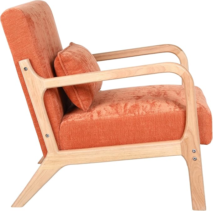 Mid Century Modern Accent ChairComfy Fabric Reading Chair with Retro Solid Wood Frame &amp High Back Upholstered Lounge Arm Side Chair for Living Room Bedroom Balcony (Linen/Orange)