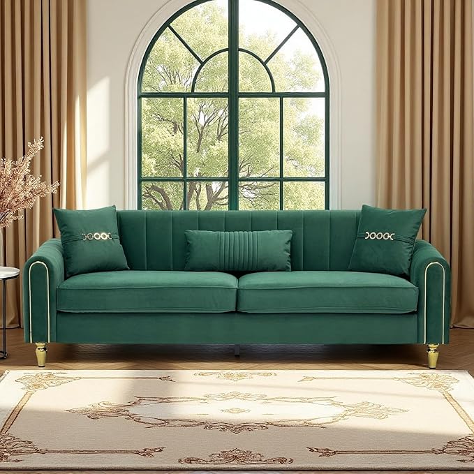 Modern 3-Seaters Velvet Sofa Upholstered Couch with Pillows and Gold Metal Legs for Living Room Office Apartment (Green)