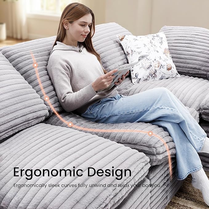 KKL 118 Sectional Modular Boneless Sofa Bed 6 Seater Cloud Couch with Ottoman Corduroy Sectional Couches for Living Room Bedroom Grey
