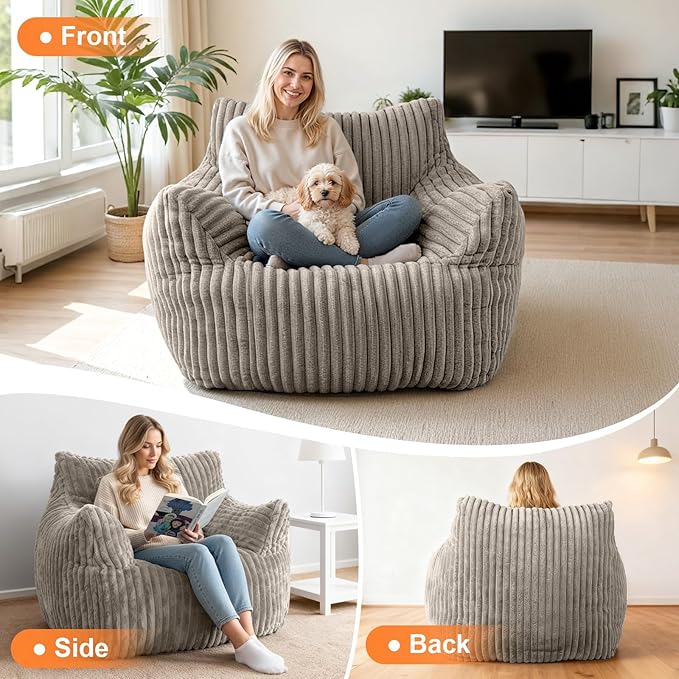 Giant Bean Bag Chair with Ottoman Oversized Memory Foam Bean Bag Sofa for Adults and Kids Large Comfy Fluffy Single Lounges Mini Couch for Living Room Bedroom &amp Dorm(Taupe)