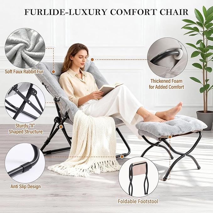 Saucer Chair with Ottoman Oversized Foldable Faux Fur Chair X-Large Soft Dorm Chair Patio Study Playroom (Grey)